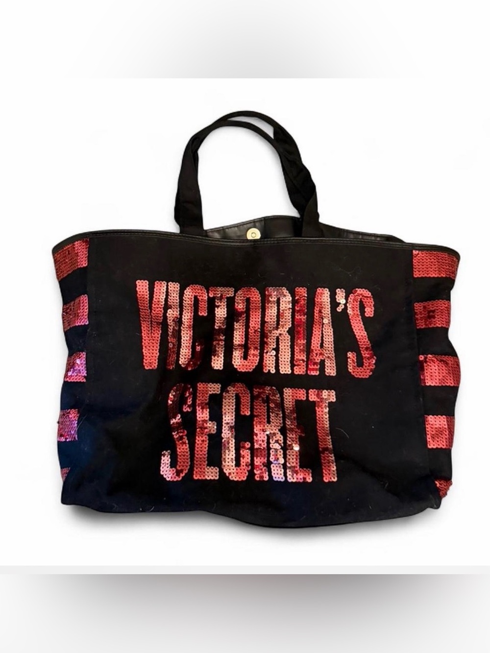 Victoria's Secret Black Tote with Pink Sequin Logo and Stripe Accents